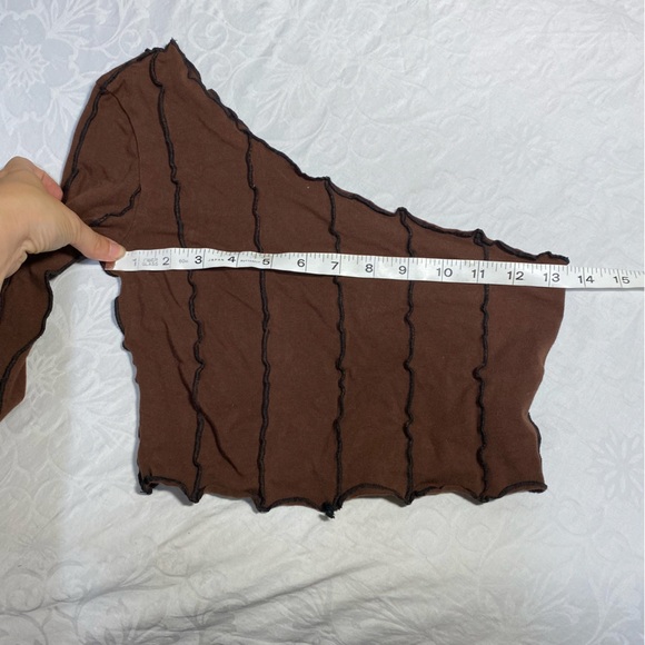 90’s Grunge Alt Asymmetrical Sleeve Crop Top Exposed Seam Ribbed Patchwork Shirt - Picture 4 of 5